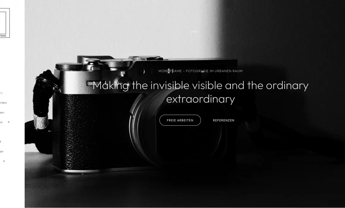 Ein Screenshot der Monoframe-Webseite. Es ist die Startseite zu sehen.