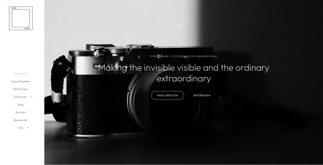 Ein Screenshot der Monoframe-Webseite. Es ist die Startseite zu sehen.